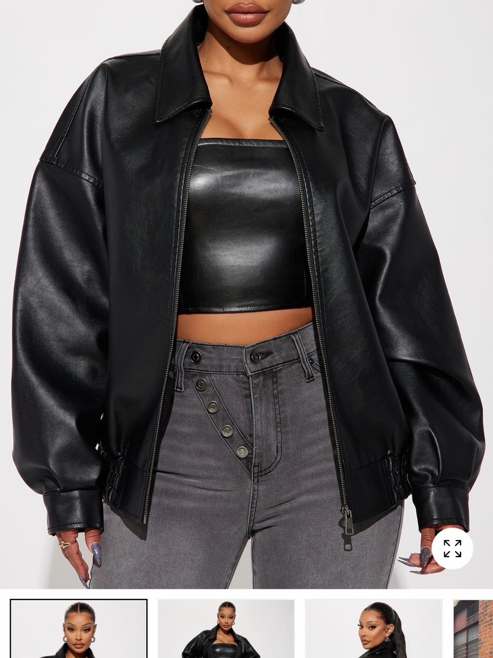 Fashion Nova Black Faux Leather Bomber Jacket